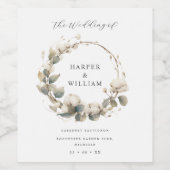 Boho katoen & eucalyptus krans bruiloft wijn etiket (Enkel label)