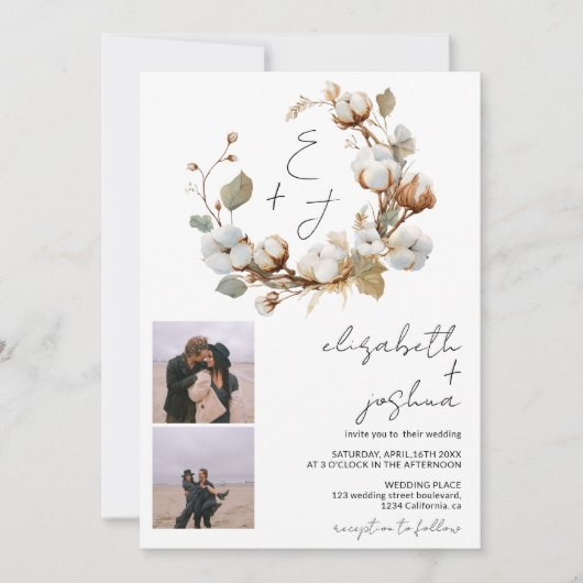 Boho Katoenen Krans Foto Rustieke Initialen Weddin Kaart (Voorkant)