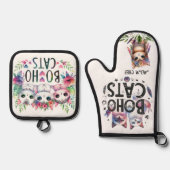 BOHO Katten Pensioen Moeder Oma Vrouw Custom Ovenwant & Pannenlap Set (Voorkant)