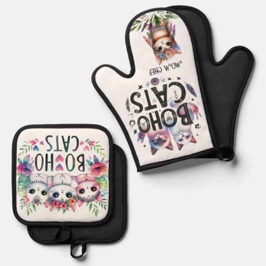 BOHO Katten Pensioen Moeder Oma Vrouw Custom Ovenwant & Pannenlap Set (Voorkant / Achterkant)