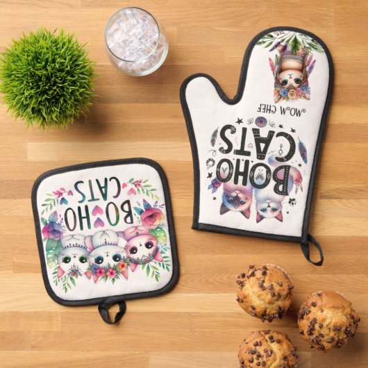 BOHO Katten Pensioen Moeder Oma Vrouw Custom Ovenwant & Pannenlap Set (Top down)