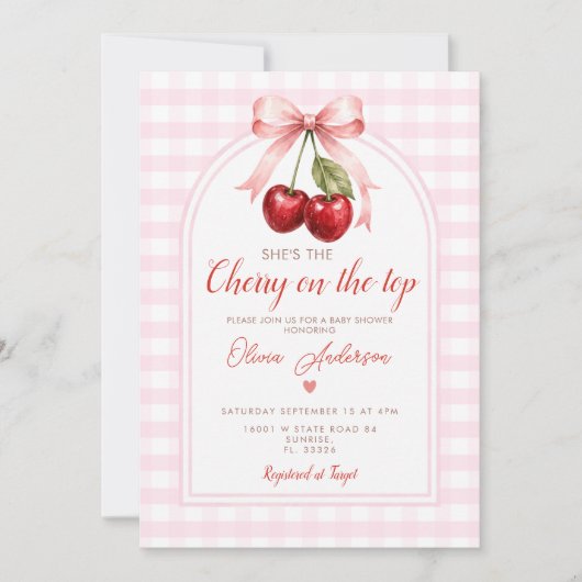 Boho Kers op Top Baby Shower Roze Strik Gingham Kaart (Voorkant)