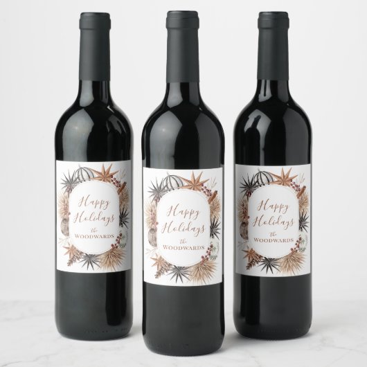 Boho Kerst Botanicals Persoonlijk Wijn Etiket (Flessen)