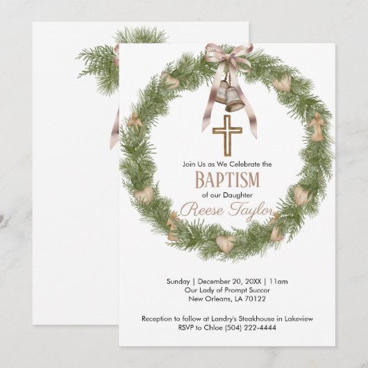 Boho Kerst Houten Krans Doop Kaart (Voorkant / Achterkant)