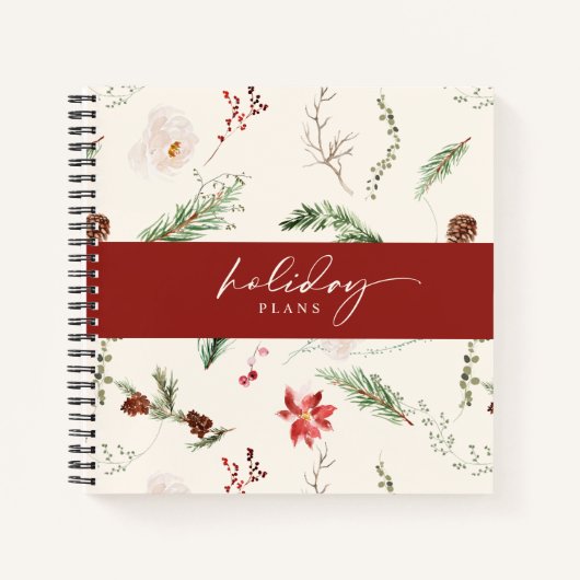 Boho Kerst Planner Poinsettia Groene Takken Notitieboek (Voorkant)
