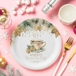 Boho Kerst winter vrijgezellenfeest theefeest Papieren Bordje<br><div class="desc">Kerst winter thema vrijgezellenfeest theefeest servies gepersonaliseerde party borden,  waterverf kopje thee met sneeuwvlokken poinsettia en koekjes pijnboomtakken moderne casual lettertype winter vrijgezellenfeest borden</div>