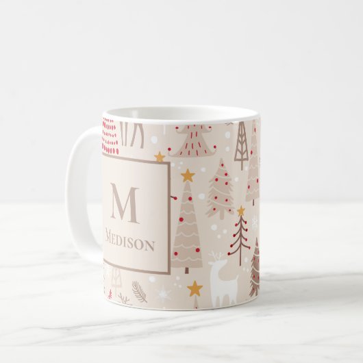 Boho kerstbomen met monogram en naam koffiemok (Voorkant links)