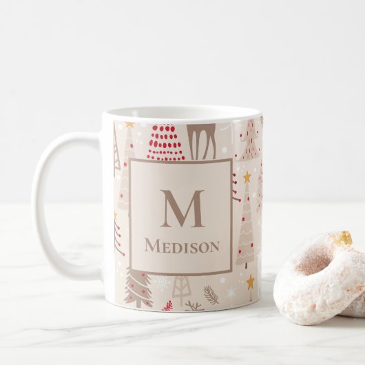 Boho kerstbomen met monogram en naam koffiemok (Met donut)