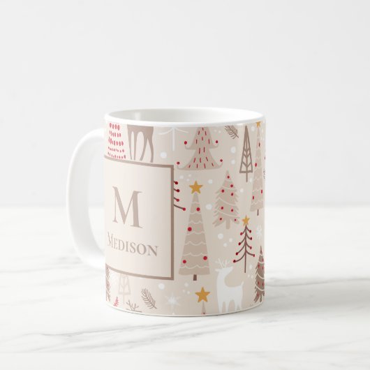 Boho kerstbomen met monogram en naam koffiemok (Voorkant links)