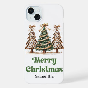 Boho kerstbomen watercolor luipaardpatroon iPhone 15 plus case