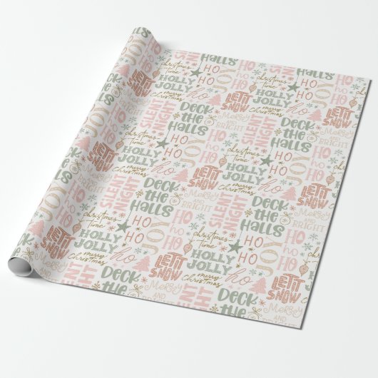 Boho Kerstcitaten Groen Roze Terracotta Cadeaupapier (Uitgerold)