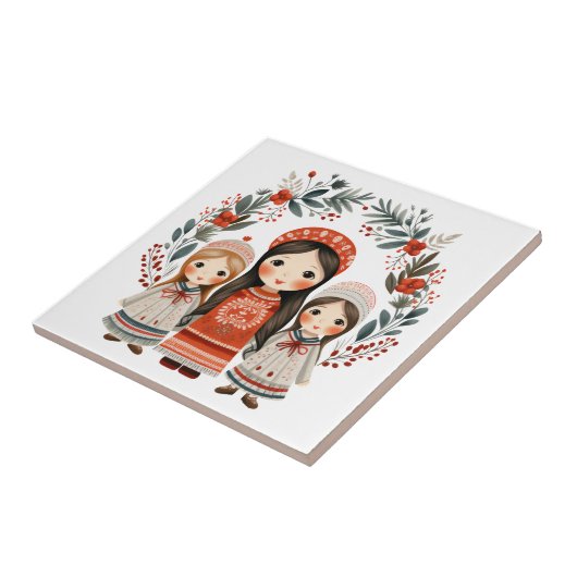 Boho Kerstmis Meisjes Scandinavische Volkskunst Tegeltje (Zijkant)