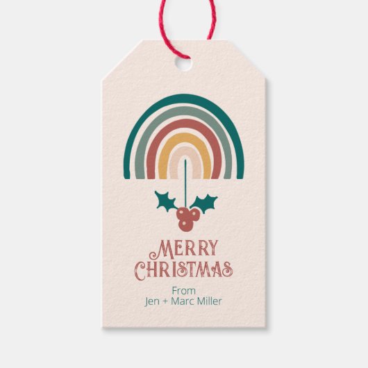 Boho Kerstmis Regenboog en Holly Cadeaulabel (Voorkant)