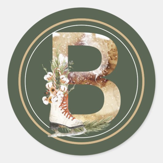 Boho kerstmonogram B met ijsSchaatsen Ronde Sticker (Voorkant)