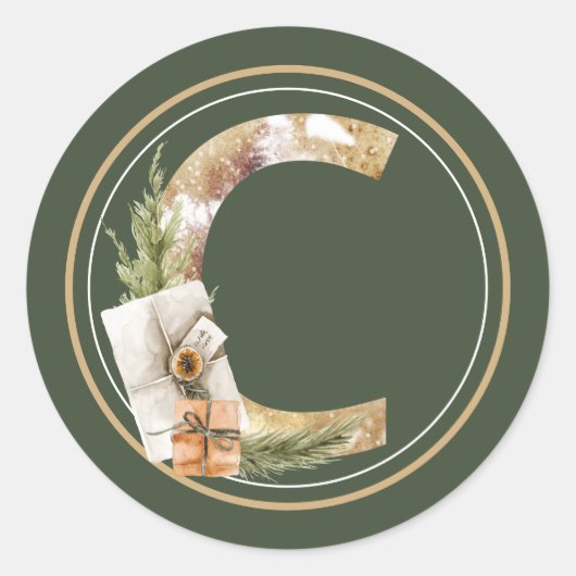 Boho Kerstmonogram C met Pakketten Ronde Sticker (Voorkant)