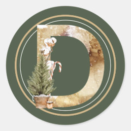 Boho Kerstmonogram D met boom- en snoepriet Ronde Sticker