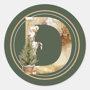 Boho Kerstmonogram D met boom- en snoepriet Ronde Sticker