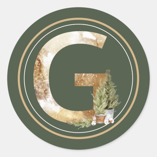 Boho Kerstmonogram G met pijnbomen Ronde Sticker (Voorkant)