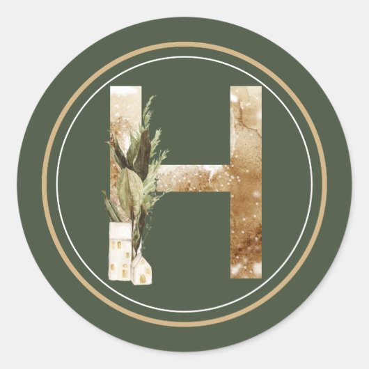 Boho Kerstmonogram H. met Groenen Ronde Sticker (Voorkant)