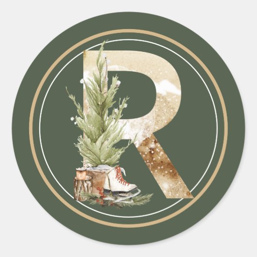 Boho Kerstmonogram R met boom en Schaats Ronde Sticker (Voorkant)
