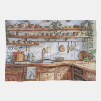 Boho Keuken Interieur Waterverf met Open Planken Theedoek