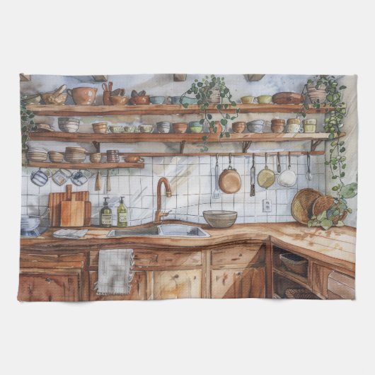 Boho Keuken Interieur Waterverf met Open Planken Theedoek (Horizontaal)