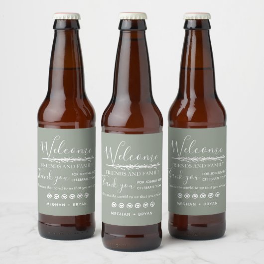 Boho Khaki Green Welkom op onze bruiloft Bier Etiket (Flessen)
