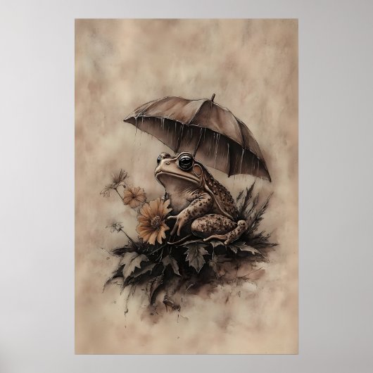Boho Kikker Onder Paraplu Met Herfstbloemenprint Poster (Voorkant)