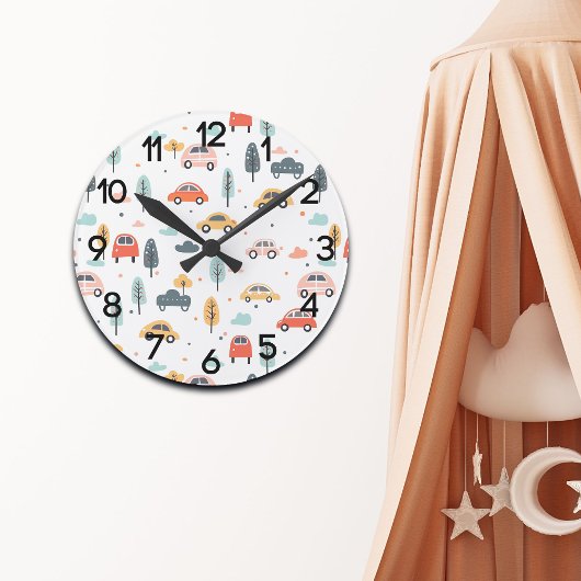 Boho Kinder auto's, bomen en wolken patroon kweker Ronde Klok