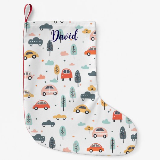 Boho Kinder auto's, bomen en wolkenpatronen Kleine Kerstsok (Voorkant)