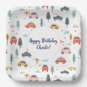 Boho Kinder Auto's, Bomen & Wolken Patroon Verjaar Papieren Bordje (Voorkant)