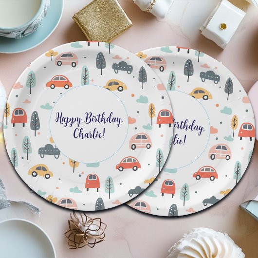 Boho Kinder Auto's, Bomen & Wolken Patroon Verjaar Papieren Bordje