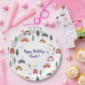 Boho Kinder Auto's, Bomen & Wolken Patroon Verjaar Papieren Bordje (Feest)