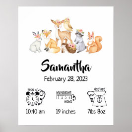 Boho-kinderkamer houtdieren geboorte statistieken poster