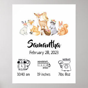 Boho-kinderkamer houtdieren geboorte statistieken poster