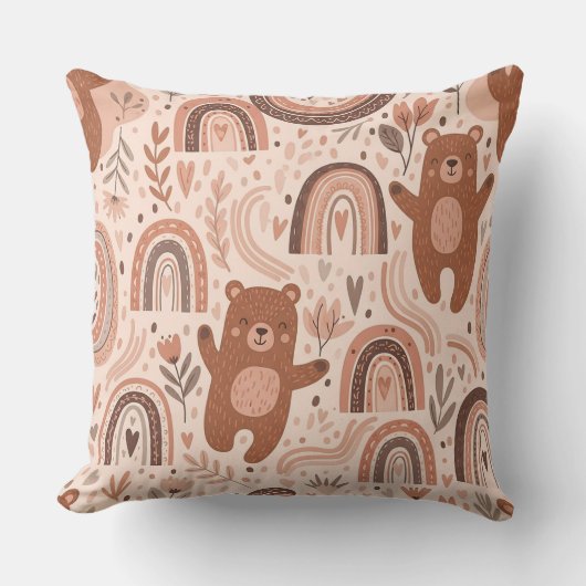 Boho-kinderkamer teddyberen met regenbogen -aardet kussen (Voorkant)