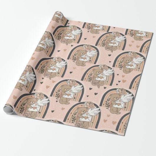 Boho kinderkamer teddyberen met regenbogen - Aards Cadeaupapier (Uitgerold)