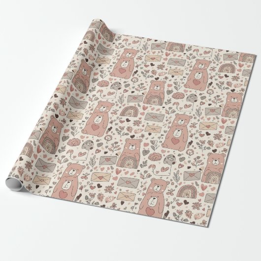 Boho kinderkamer teddyberen met regenbogen - Aards Cadeaupapier (Uitgerold)