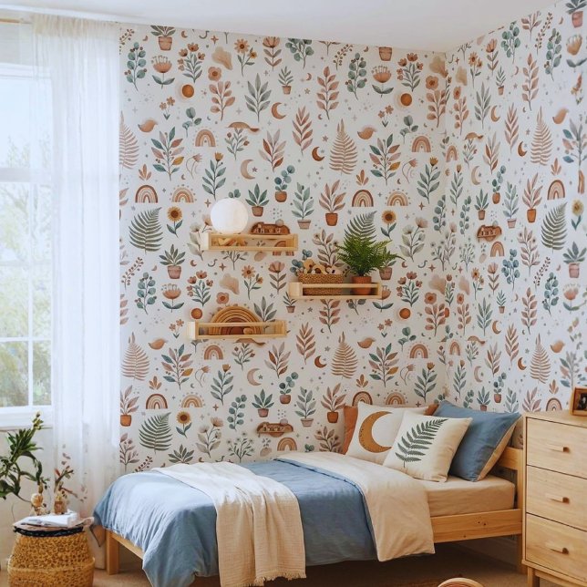 Boho-kinderkamerbehang Neutrale regenboog en botan Behang (Boho Floral Nursery Wallpaper | Botanical Baby Room Wall Mural Decor)