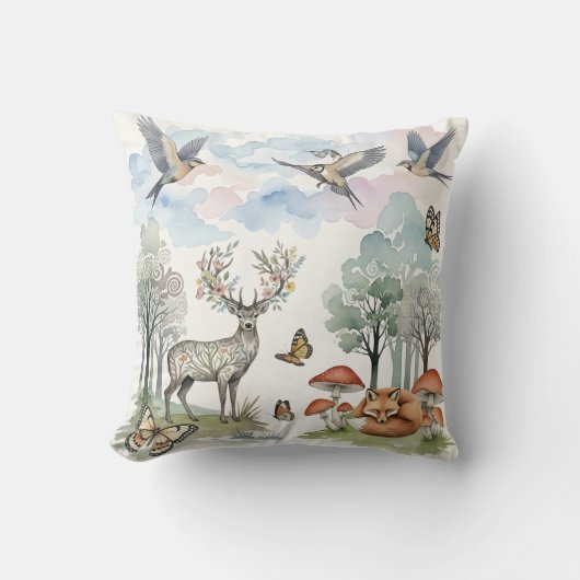 Boho-kinderkamerdecor herten en vossen bos scène kussen (Voorkant)