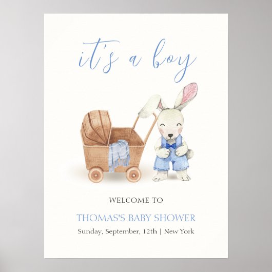 Boho kinderwagen Konijn Jongen Baby Shower Welkom Poster (Voorkant)