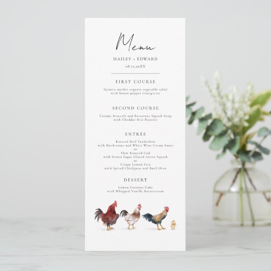 Boho kip bruiloft diner menu (Staand voorkant)