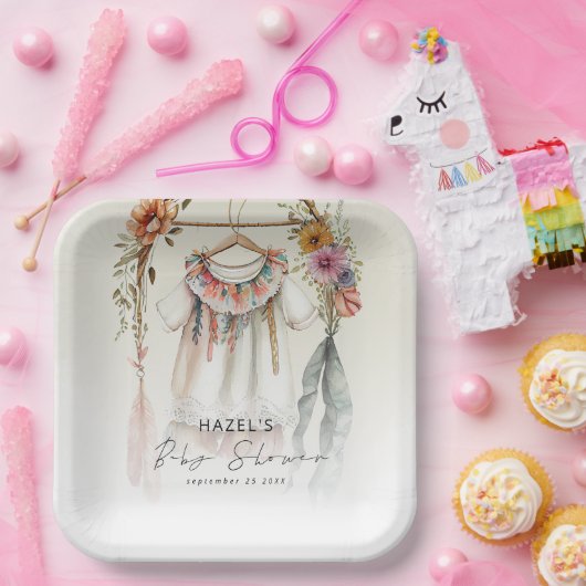 Boho  Kleding Script Baby shower Papieren Bordje (Feest)