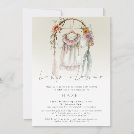 Boho Kleding Script Boheemse Baby shower Kaart (Voorkant)