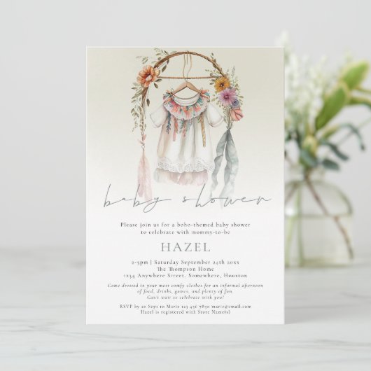 Boho Kleding Script Boheemse Baby shower Kaart (Staand voorkant)