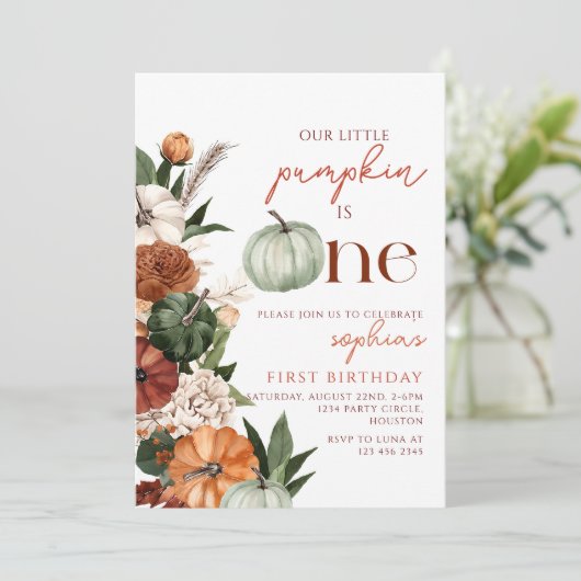 Boho kleine pompoen is een eerste verjaardag kaart (Staand voorkant)
