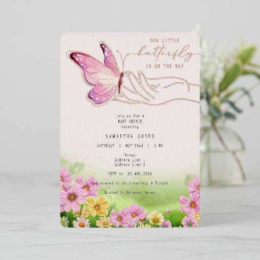 Boho Kleine Vlinder Op Weg Wilde Bloementuin Folie Uitnodiging (Staand Voorkant)