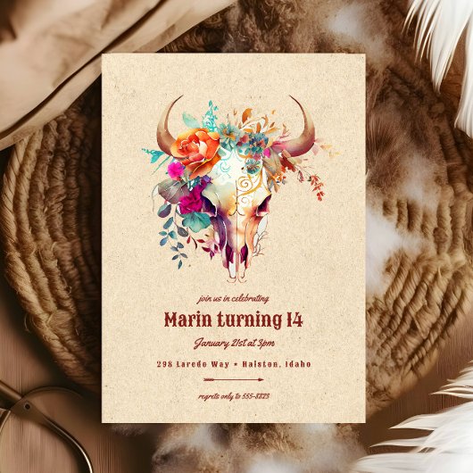 Boho Kleurrijke Bloemen Koe Schedel Verjaardagsfee Kaart