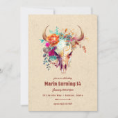 Boho Kleurrijke Bloemen Koe Schedel Verjaardagsfee Kaart (Voorkant)