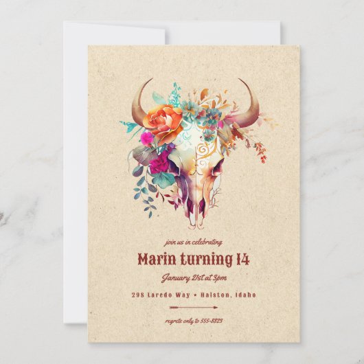 Boho Kleurrijke Bloemen Koe Schedel Verjaardagsfee Kaart (Voorkant)